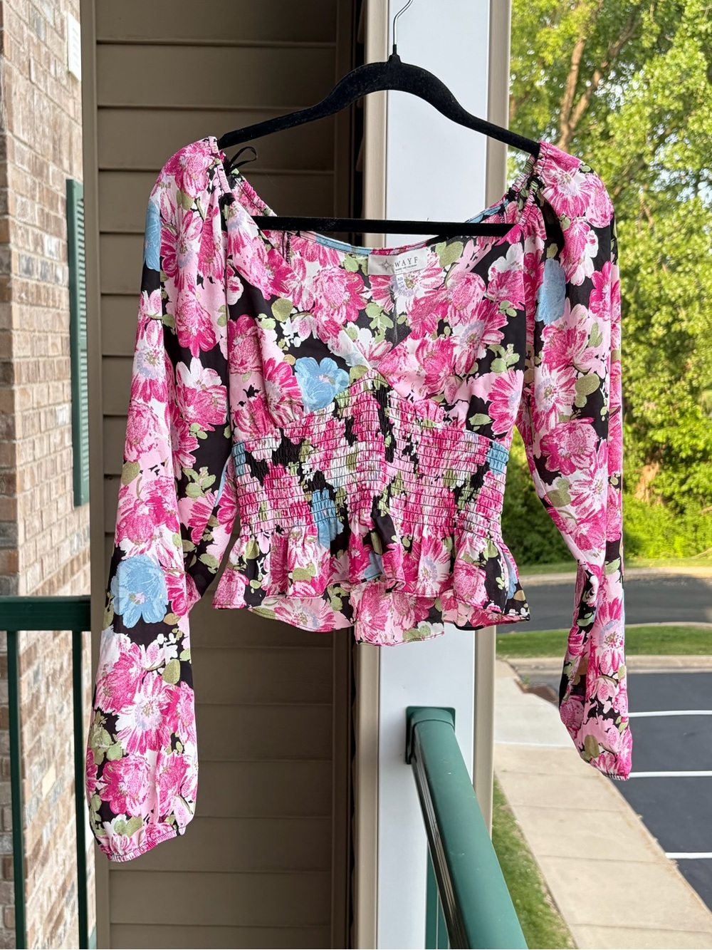 🆕🌺WAYF Floral Smocked Peplum Blouse XS Pink Blue Black Romantic Cottagecore Top - Picture 3 of 15